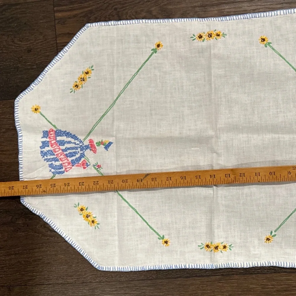 Vintage 17X34 Embroidered Table Runner Crinoline Lady Sunflower White Linen Blue